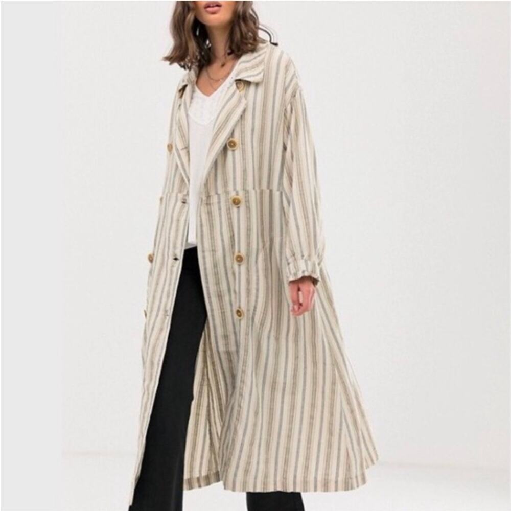 Free People $198 Striped XS Retro Boho Long Trench Coat - Picture 2 of 7